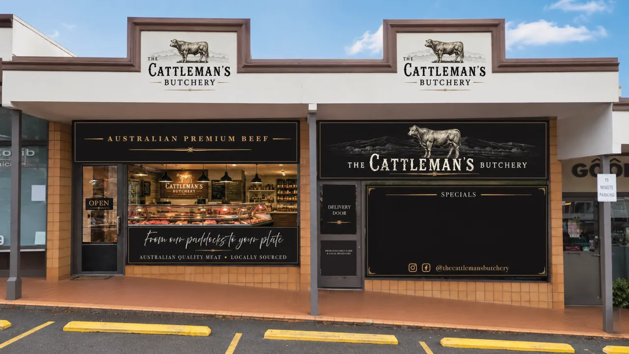 The Cattleman's Butchery: Shopfront sign, the design the landlord approved.