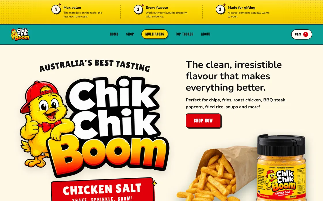 Chik Chik Boom store: the chicken mascot and a tub of chicken salt