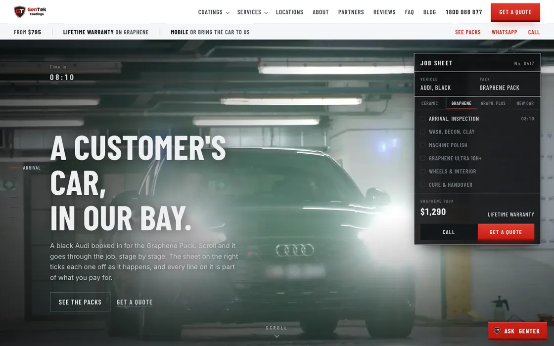 GenTek Coatings homepage: a customer's car in the bay beside a live job sheet