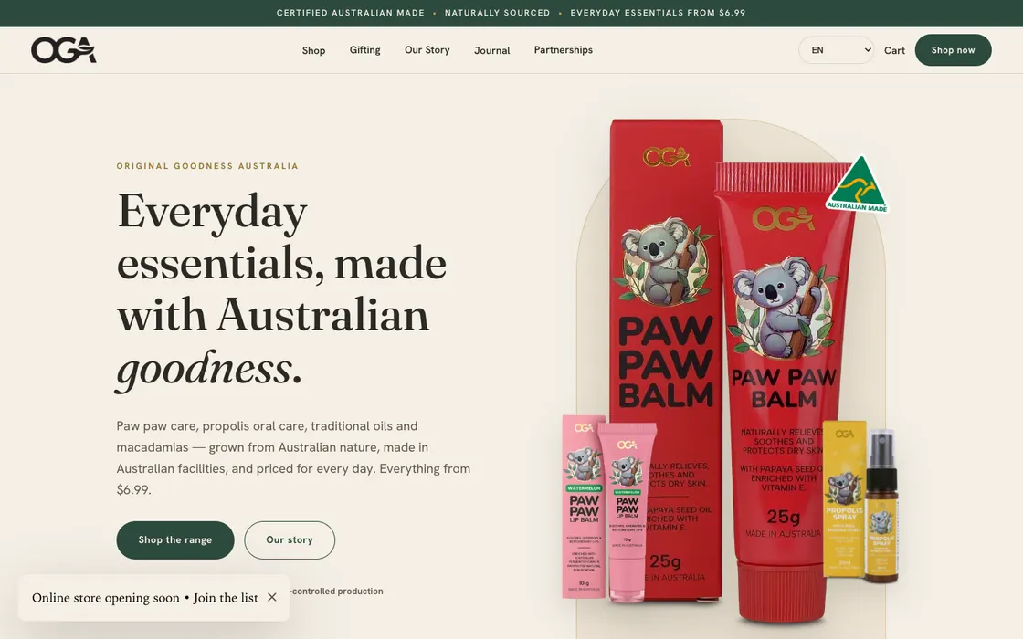 OGA homepage: Everyday essentials, made with Australian goodness, beside paw paw balm