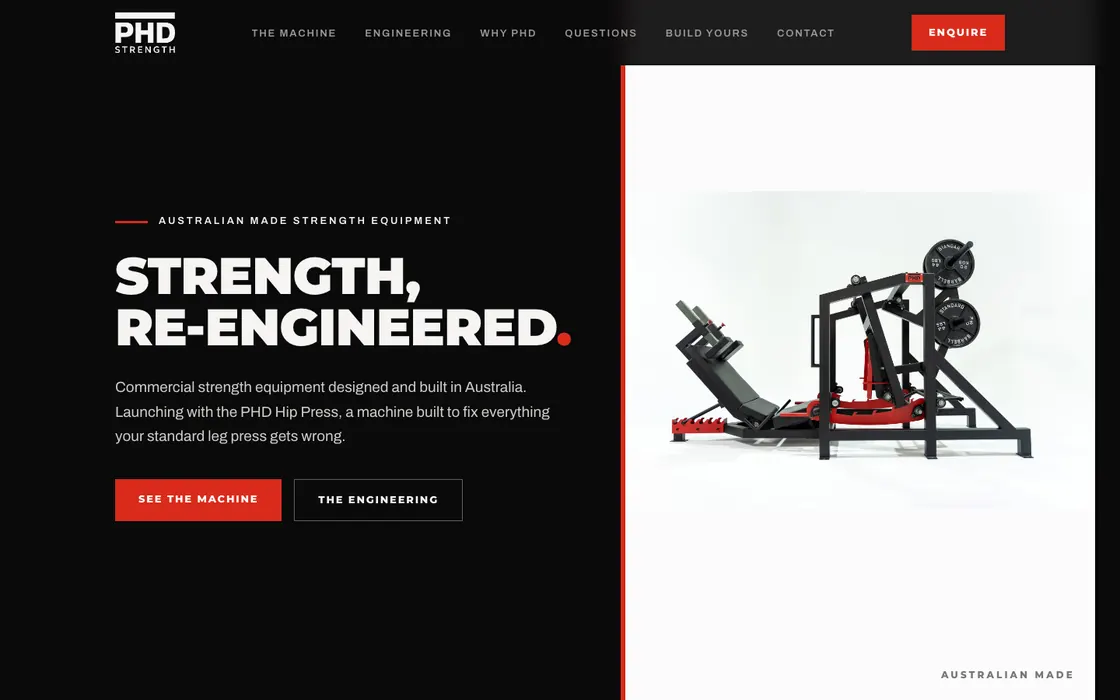 PHD Strength homepage: Strength, re-engineered, with the hip press on a white stage