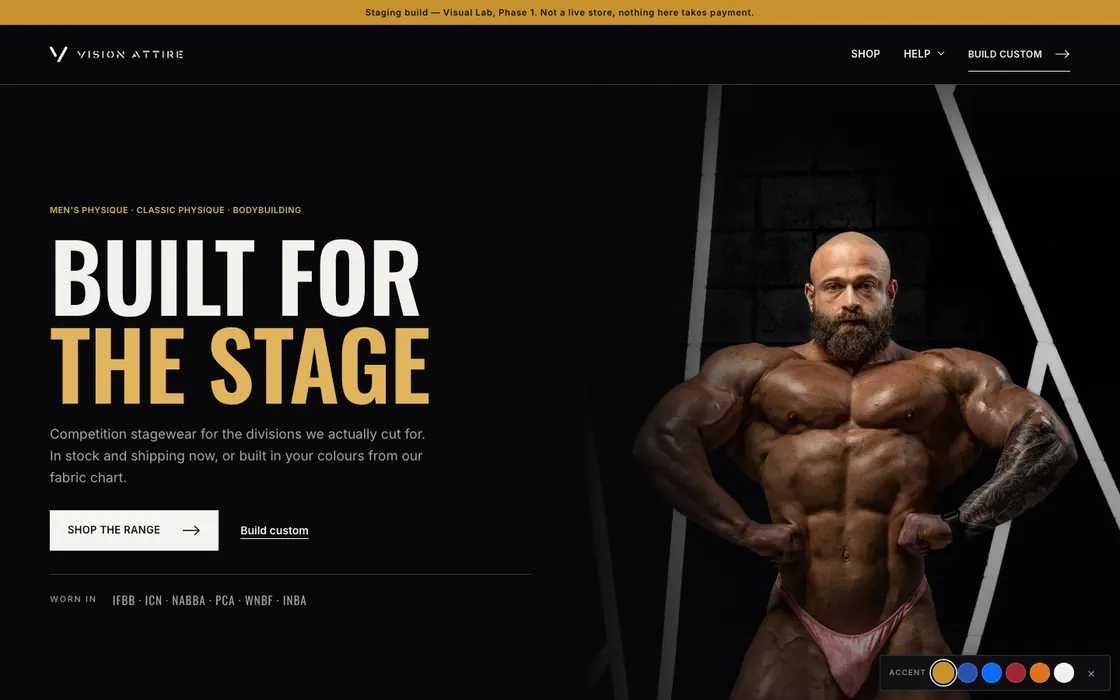 Vision Attire homepage: Built for the stage, with a bodybuilder in competition trunks