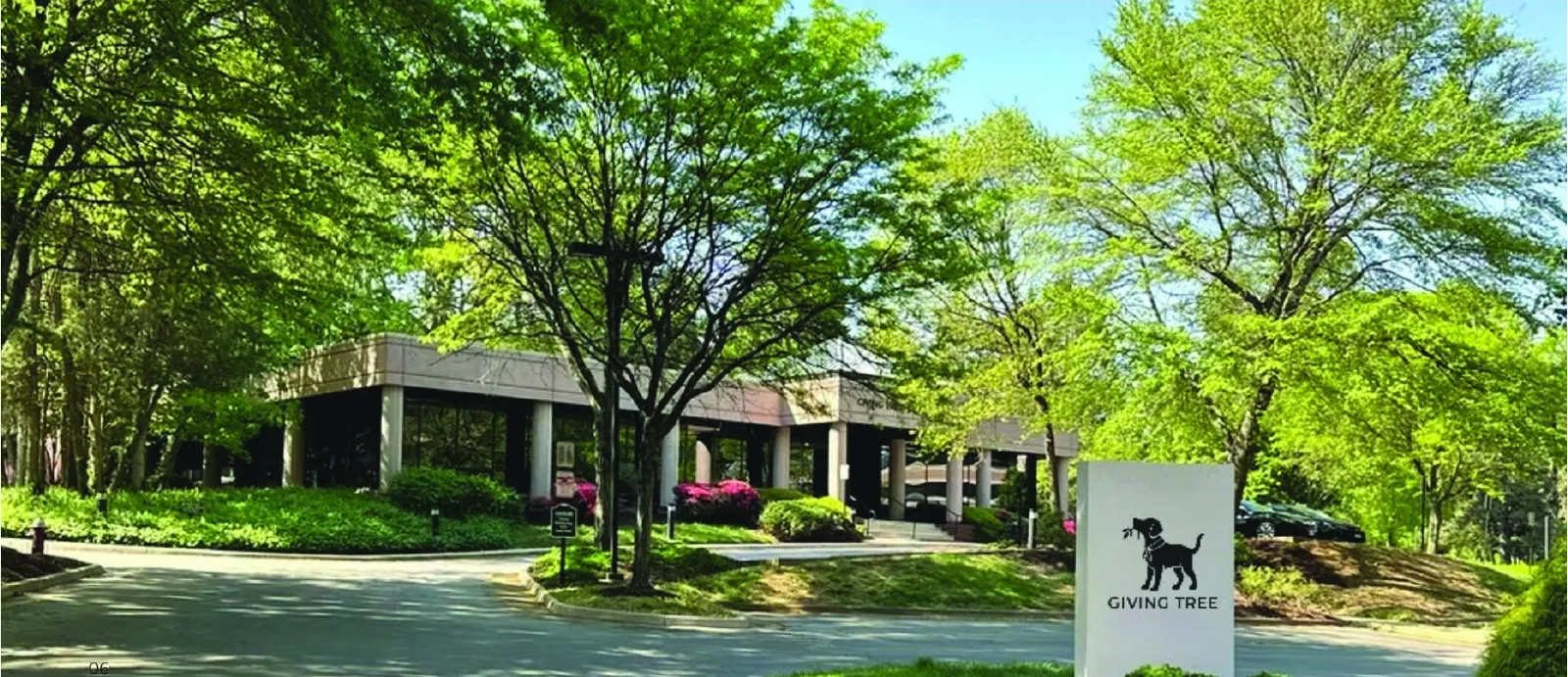 Giving Tree Pet Resort sign at the entrance to the property
