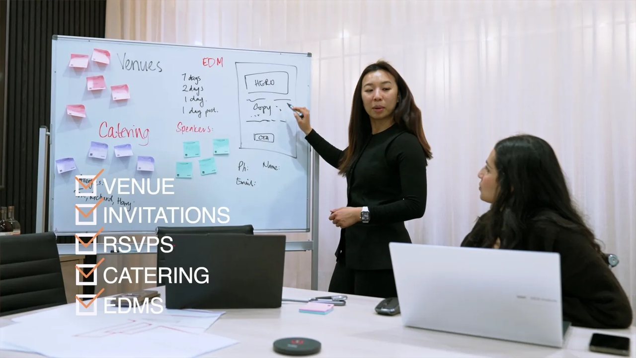 A planning session at a whiteboard checklist covering venue, invitations, RSVPs and catering.