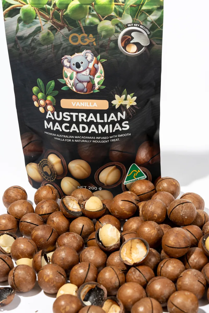 OGA Australian macadamias pack with nuts spilling out