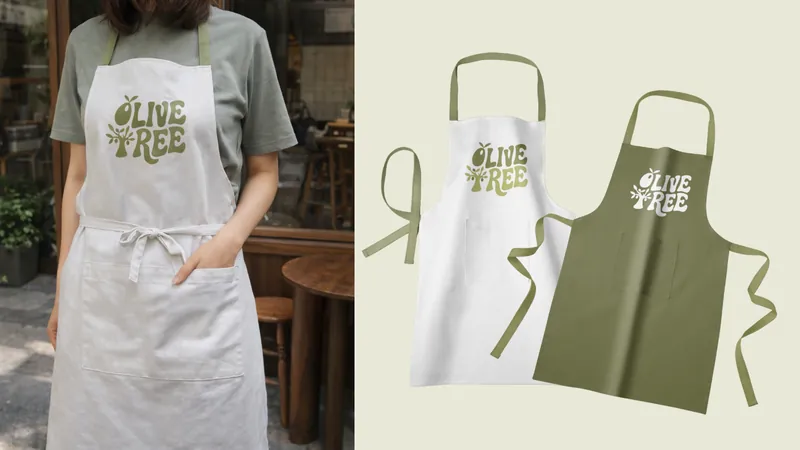 Olive Tree Cafe aprons in cream and olive green