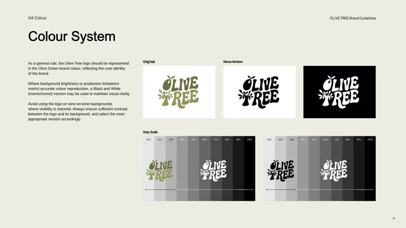 The colour system page from the Olive Tree Cafe brand guidelines