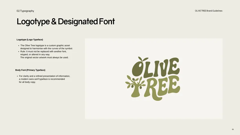 The logotype page from the Olive Tree Cafe brand guidelines