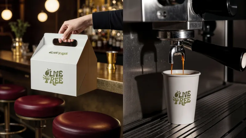 Olive Tree Cafe takeaway cup and carry bag from the brand guide
