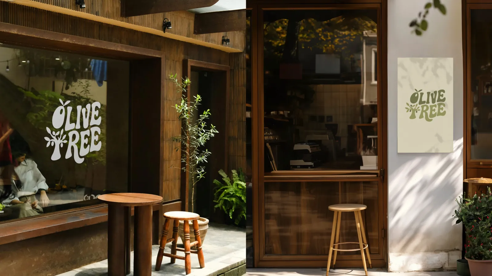 The Olive Tree Cafe logo on the shop window and a wall sign, from the brand guidelines Visual Lab designed