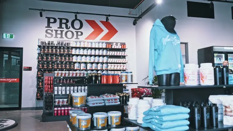 The pro shop at a World Gym club, from a club film